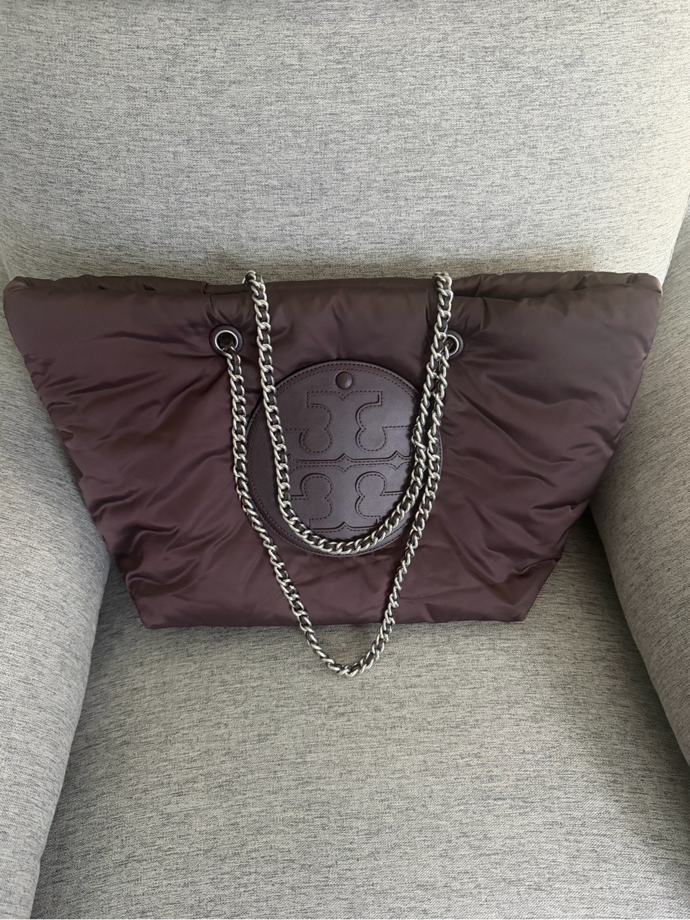 Tory Burch Pillow Quilted Tote in Brown with Silver Chains